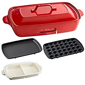 (中古品)BRUNO ブルーノ ホットプレート グランデ サイズ 本体 プレート3種 (たこ焼き 平面 セラミックコート仕切り鍋) 付き レッド Red 赤 おすすめ おしゃれ かわいい これ1台 蓋