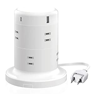 (中古品)エレコム 電源タップ タワー型 延長コード [8個口 USB-C×2ポート USB×3ポート] USB PD 45W 雷ガード ほこりシャッター 固定パーツ付 2ｍ ホワイト ECT-212